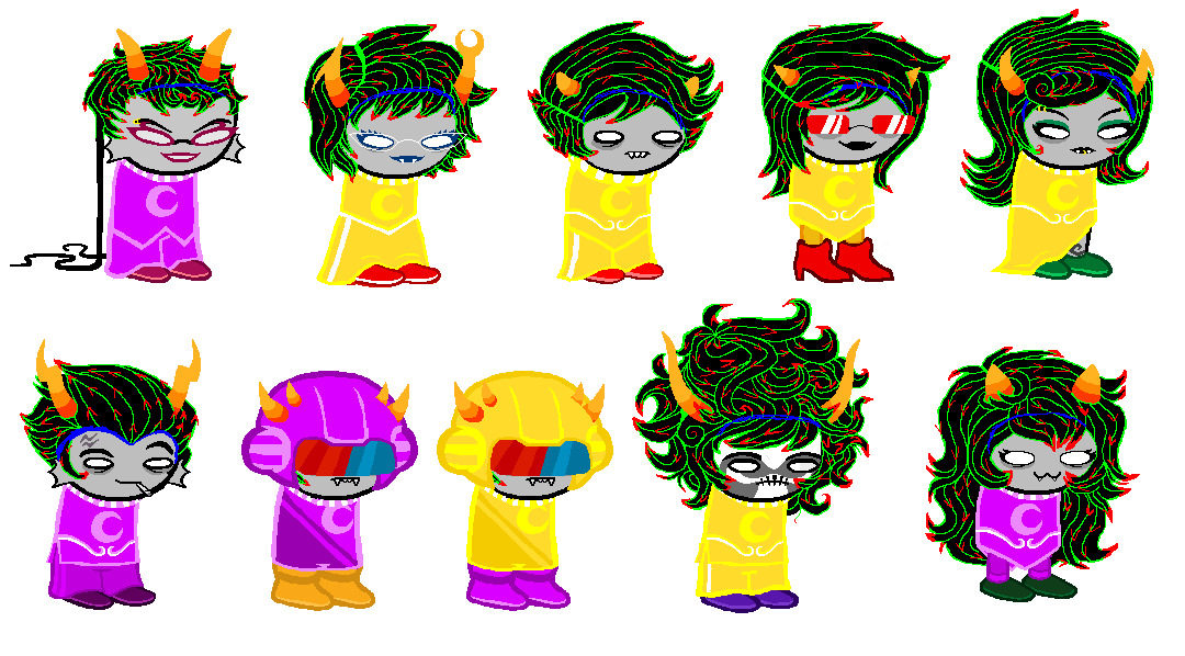 A sprite sheet featuring the Dancestors from Homestuck, showcasing their unique hair partings and expressions.